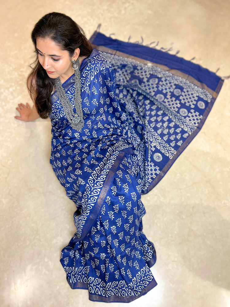 Bhagalpuri Silk Handblock Saree – Blue
