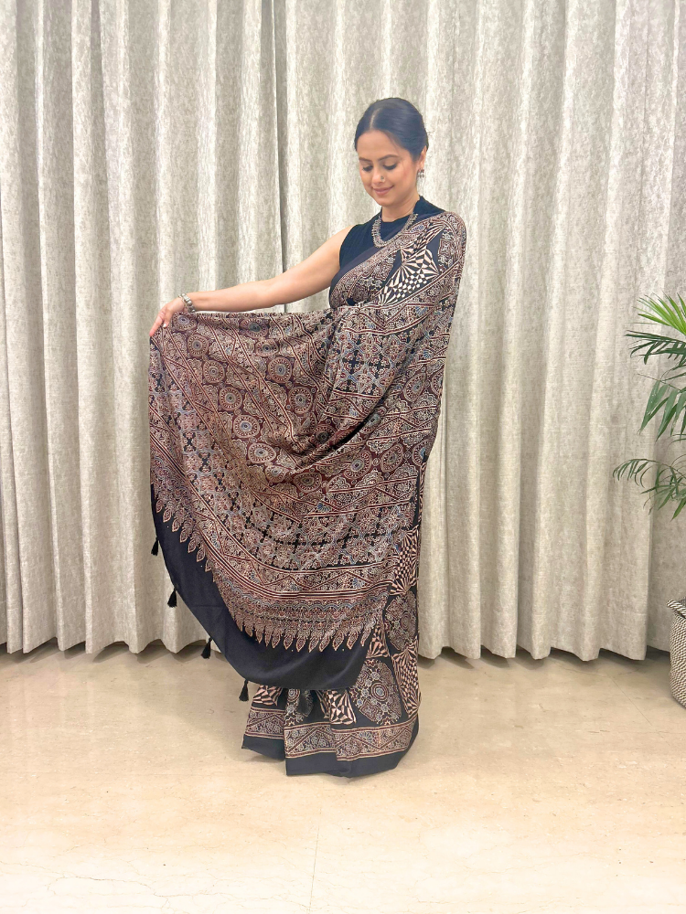 Modal Silk Ajrakh Hand Block Patterned Saree – Black