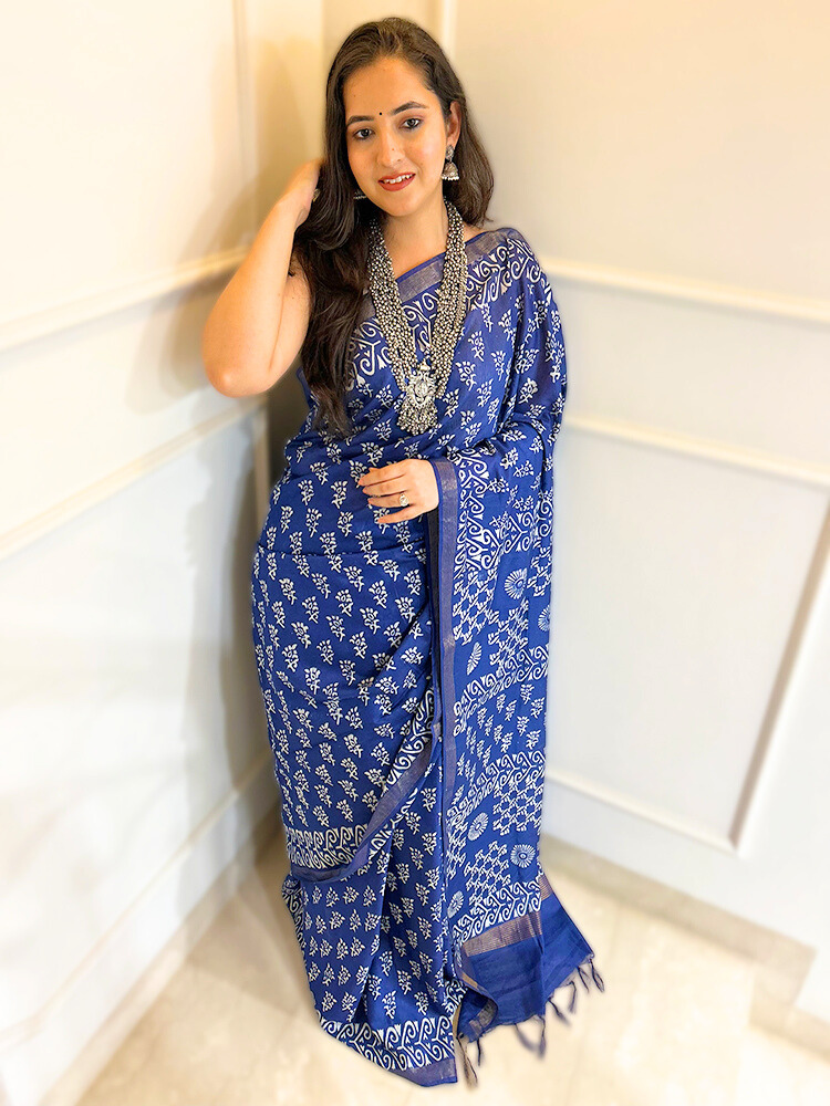 Bhagalpuri Silk Handblock Saree – Blue