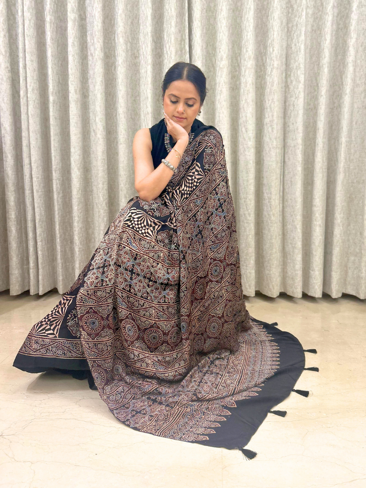 Modal Silk Ajrakh Hand Block Patterned Saree – Black