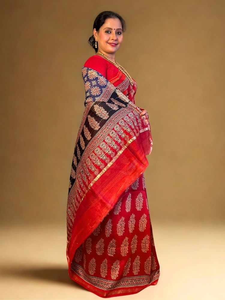 Crimson Harmony – Red & Blue Chanderi Silk Cotton Saree with Ajrakh Prints