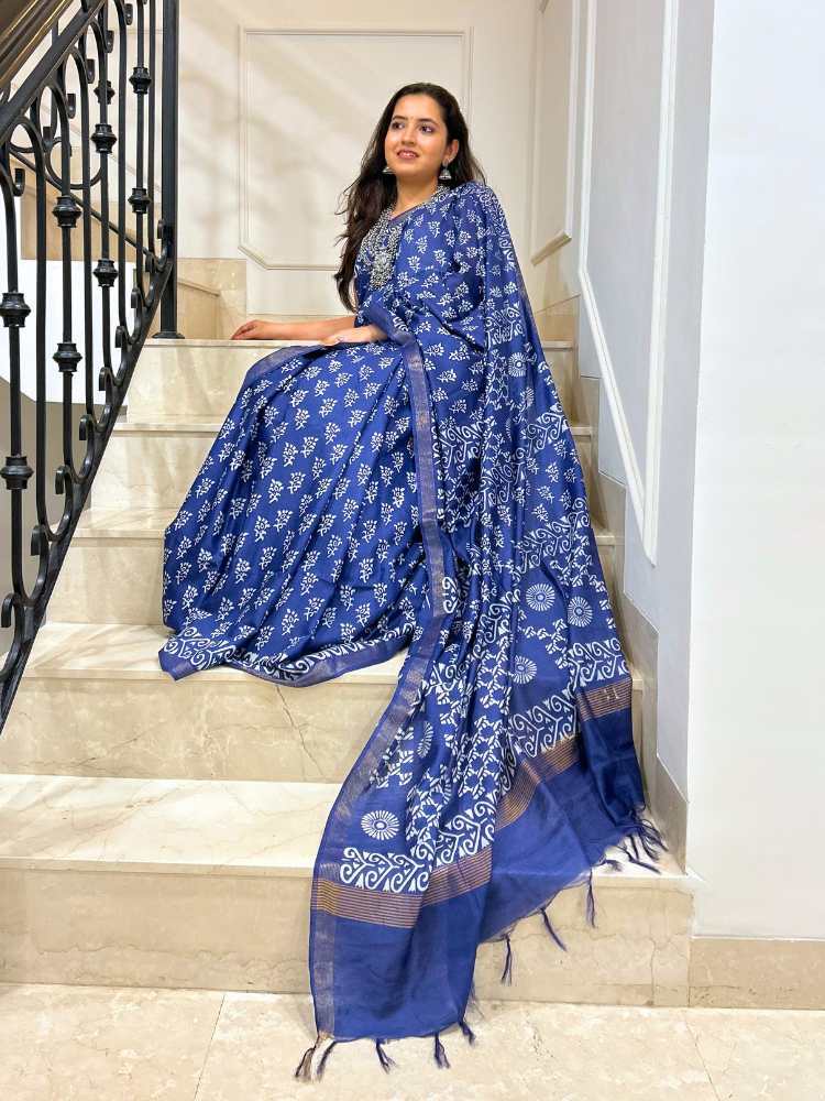 Bhagalpuri Silk Handblock Saree – Blue