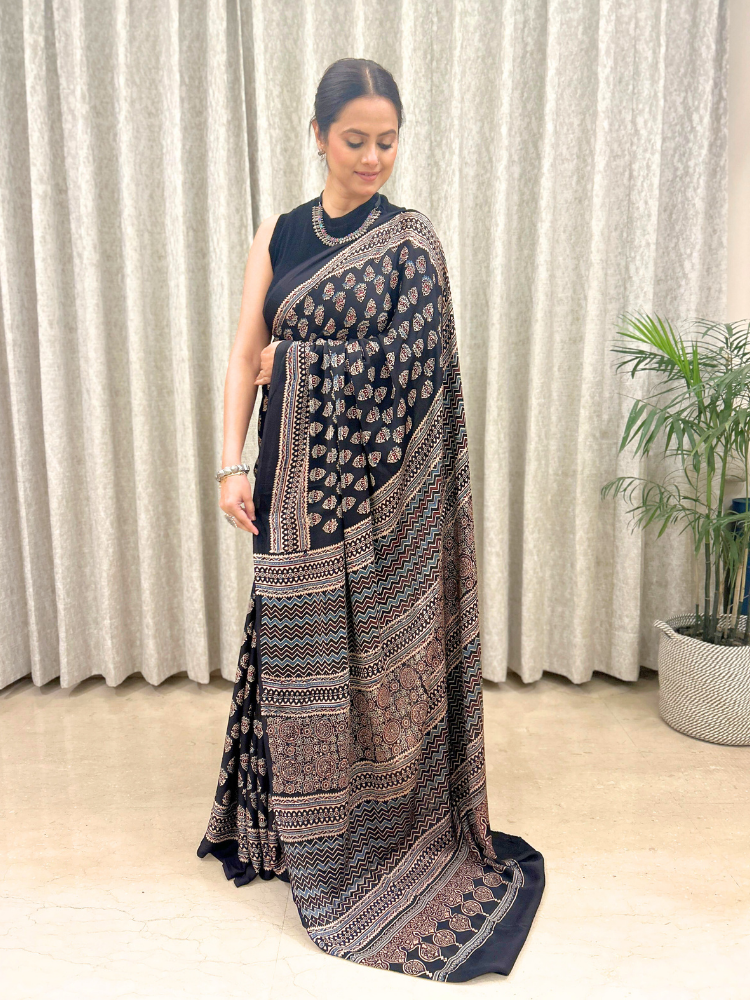 Modal Silk Ajrakh & Bagru Hand Block Printed Saree