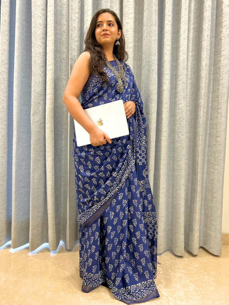 Bhagalpuri Silk Handblock Saree – Blue