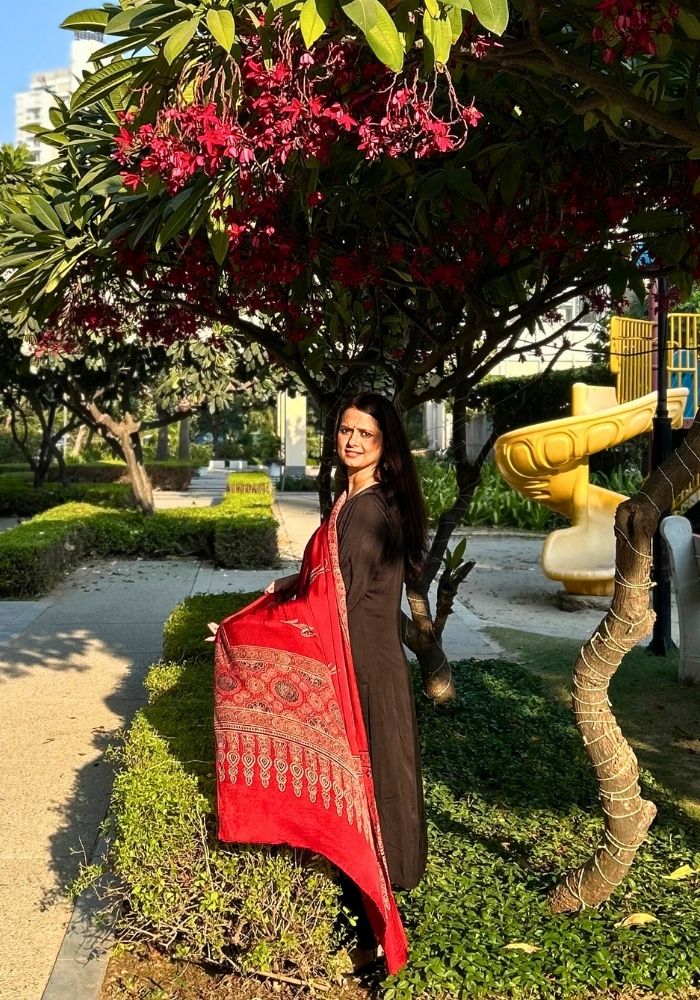 Elegant Red Modal Silk Ajrakh Hand Block Dupatta