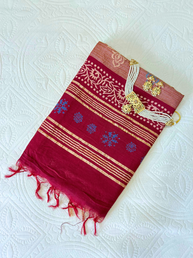 Bhagalpuri Silk Handblock Saree – Maroon