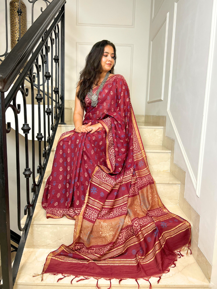 Bhagalpuri Silk Handblock Saree – Maroon