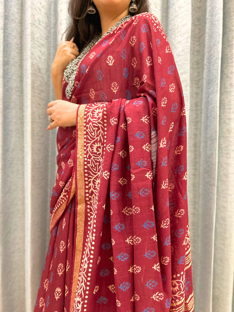 Bhagalpuri Silk Handblock Saree – Maroon