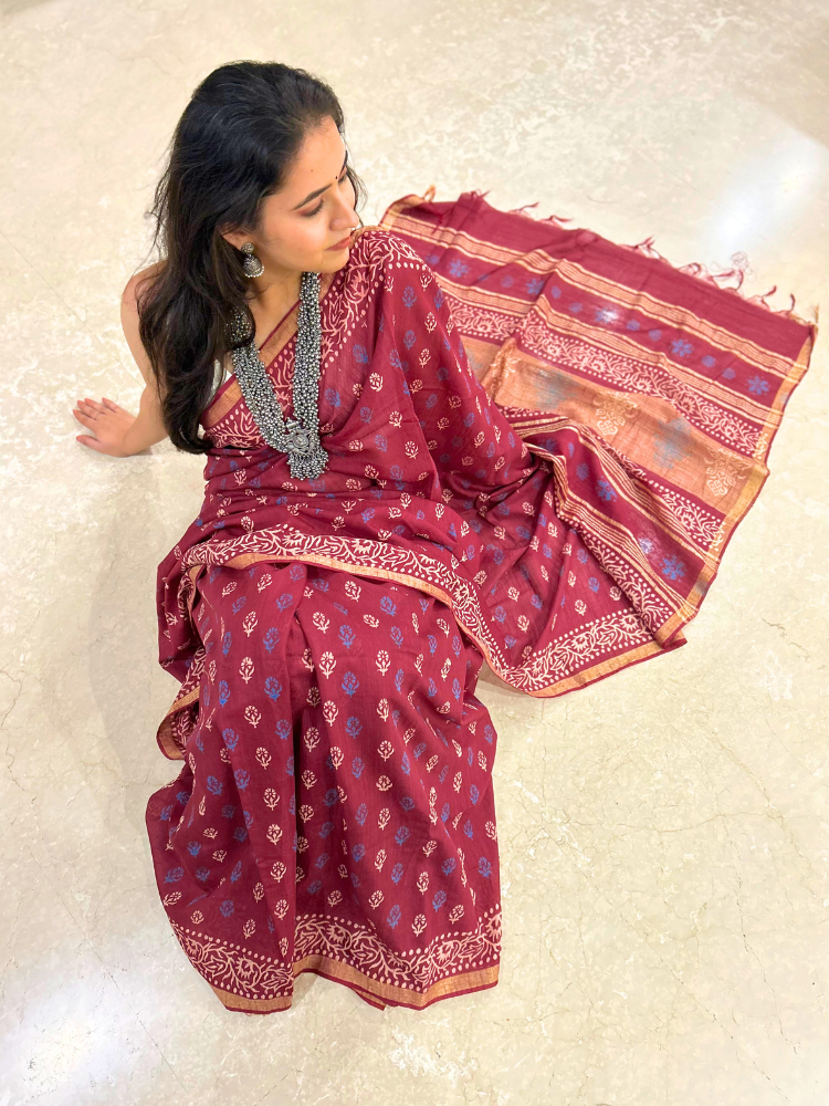 Bhagalpuri Silk Handblock Saree – Maroon
