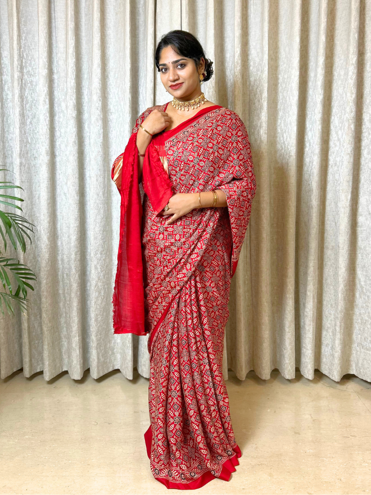 Modal Silk Ajrakh Printed Saree with Lagadi Pallu