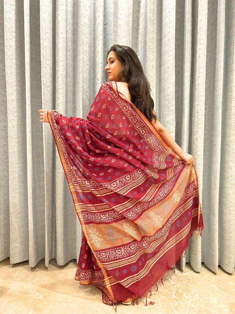 Bhagalpuri Silk Handblock Saree – Maroon