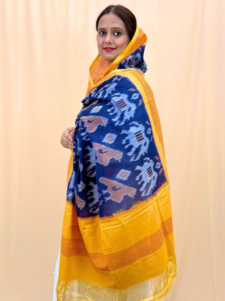 Ocean Bloom – Blue & Yellow Pochampally Double Ikat Cotton Dupatta