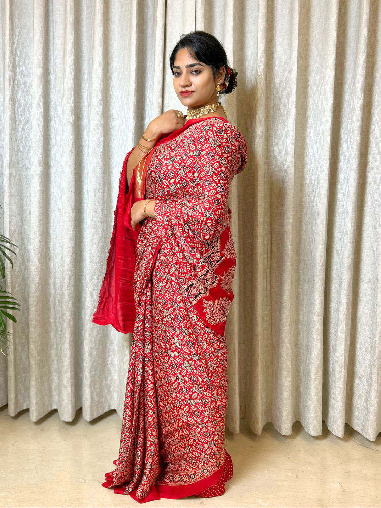 Modal Silk Ajrakh Printed Saree with Lagadi Pallu