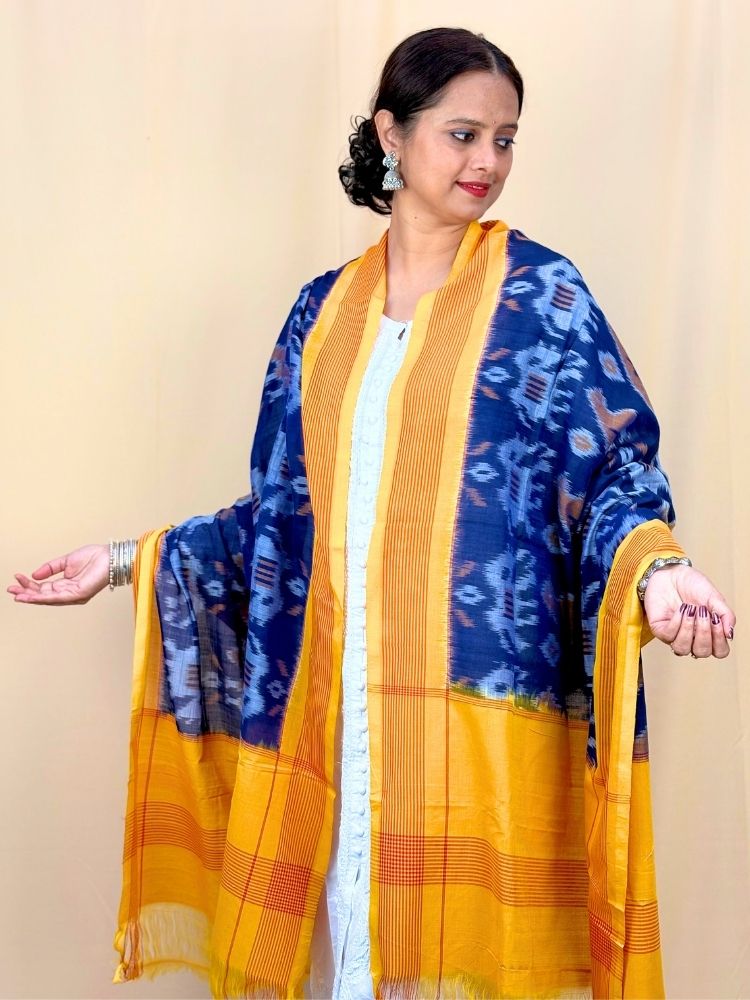 Ocean Bloom – Blue & Yellow Pochampally Double Ikat Cotton Dupatta
