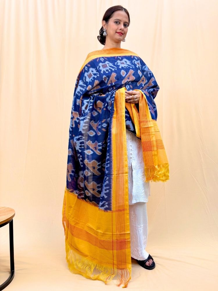 Ocean Bloom – Blue & Yellow Pochampally Double Ikat Cotton Dupatta