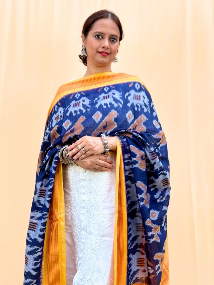 Ocean Bloom – Blue & Yellow Pochampally Double Ikat Cotton Dupatta