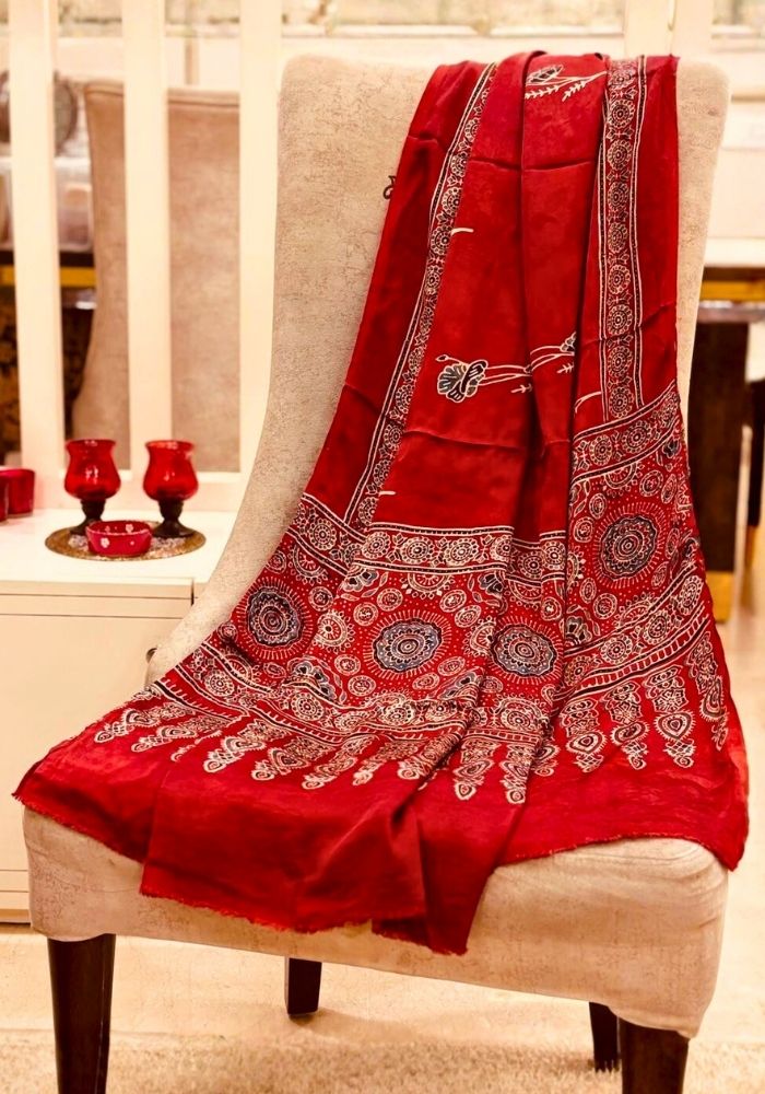 Elegant Red Modal Silk Ajrakh Hand Block Dupatta