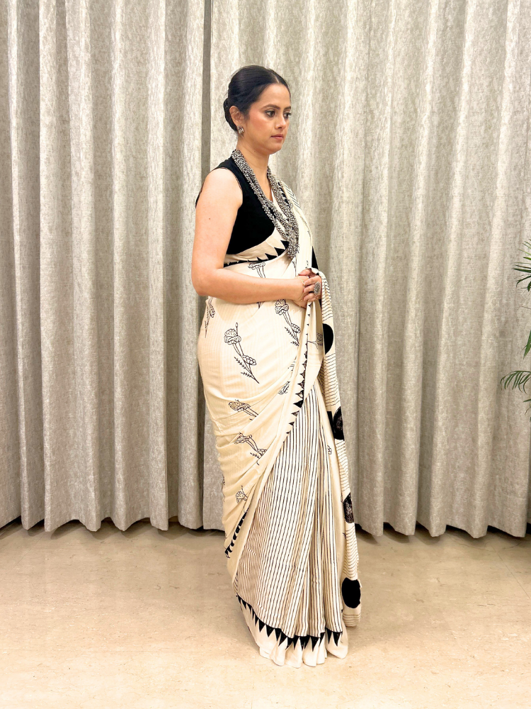 Modal Silk Stylish Ivory Hand Block Printed Saree