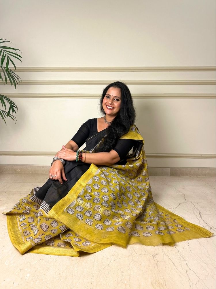 Black & Yellow Maheshwari Silk Cotton Saree with Bagru Print