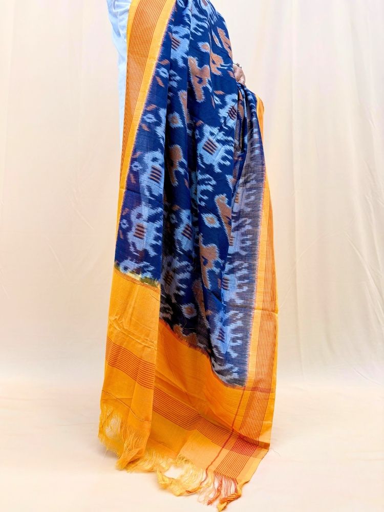 Ocean Bloom – Blue & Yellow Pochampally Double Ikat Cotton Dupatta