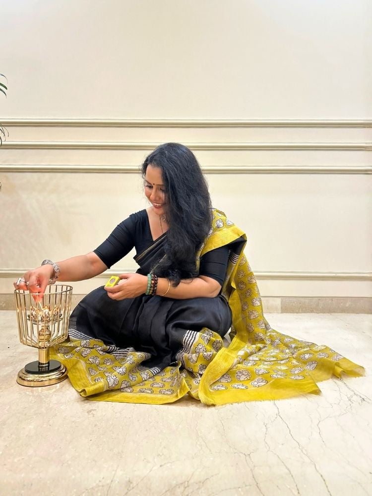 Black & Yellow Maheshwari Silk Cotton Saree with Bagru Print