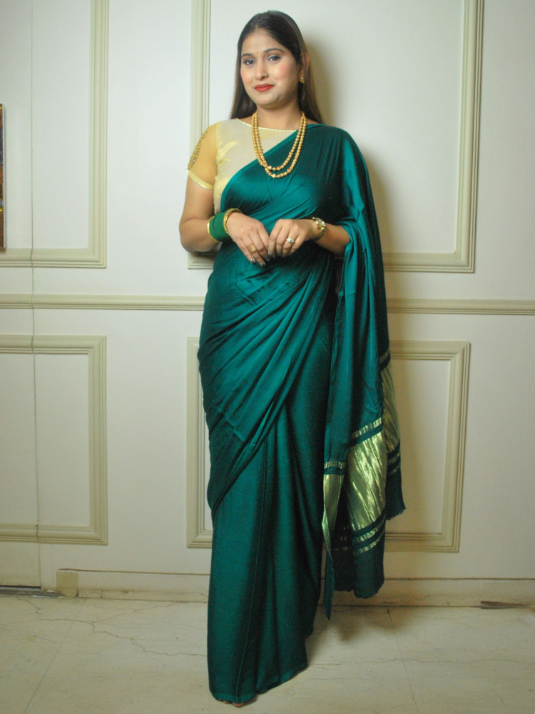 Modal Silk Plain Saree with Zari Lagdi Pallu – Green