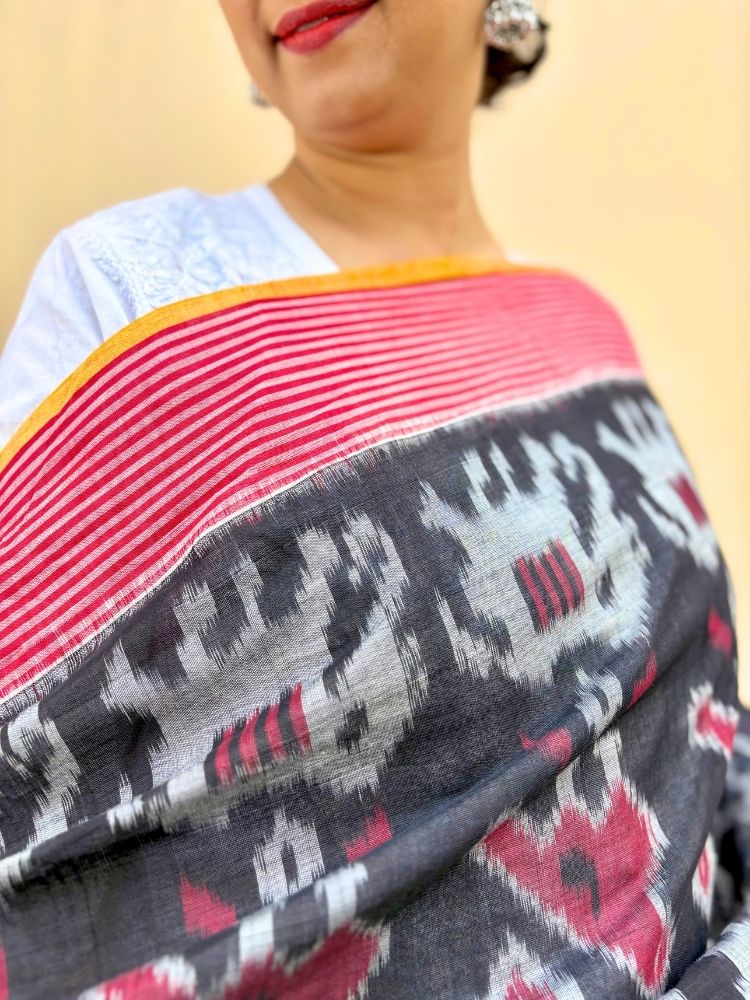 Midnight Radiance – Black & Yellow Pochampally Double Ikat Cotton Dupatta
