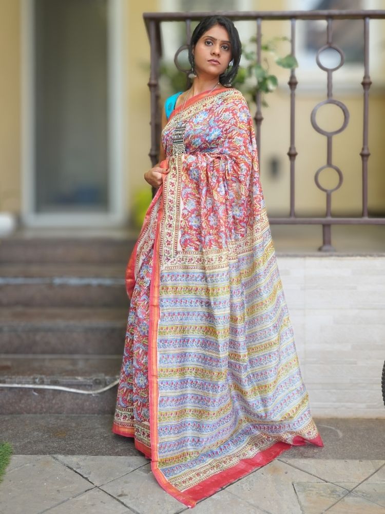 Pink Chanderi Silk Cotton Saree with Floral Print