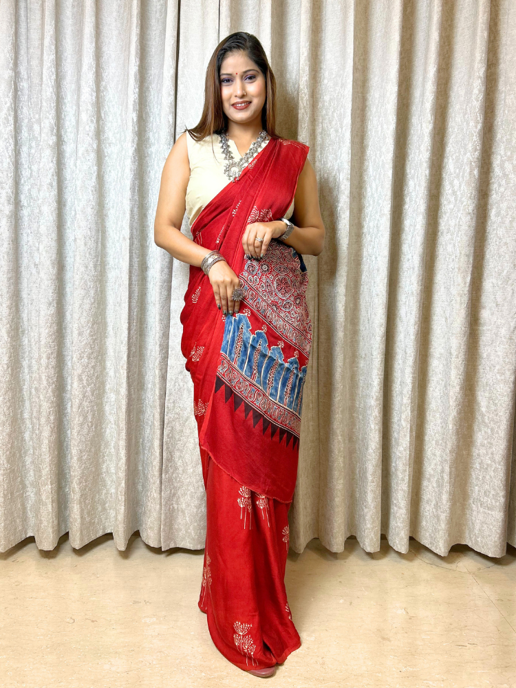 Modal Silk Ajrakh Hand Block Printed Saree – Red