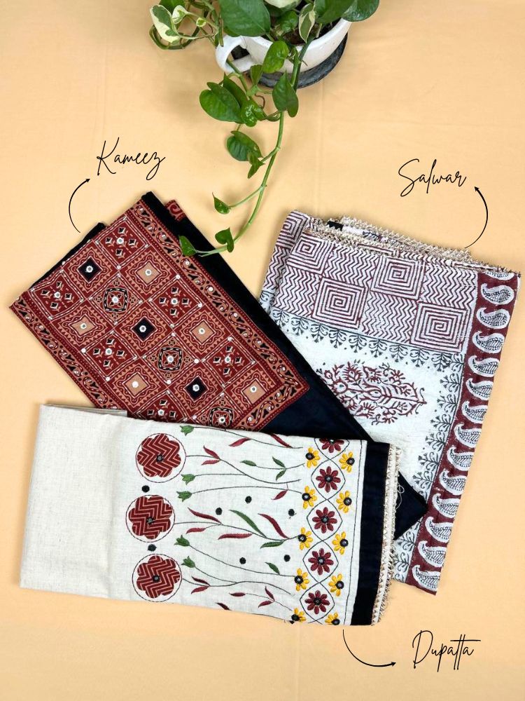 Rustic Grace – Brown Ajrakh Cotton Suit Set with Handwork