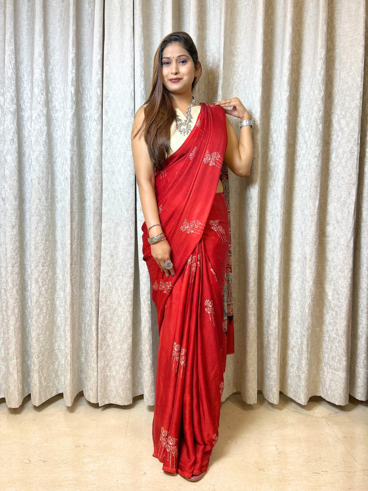 Modal Silk Ajrakh Hand Block Printed Saree – Red