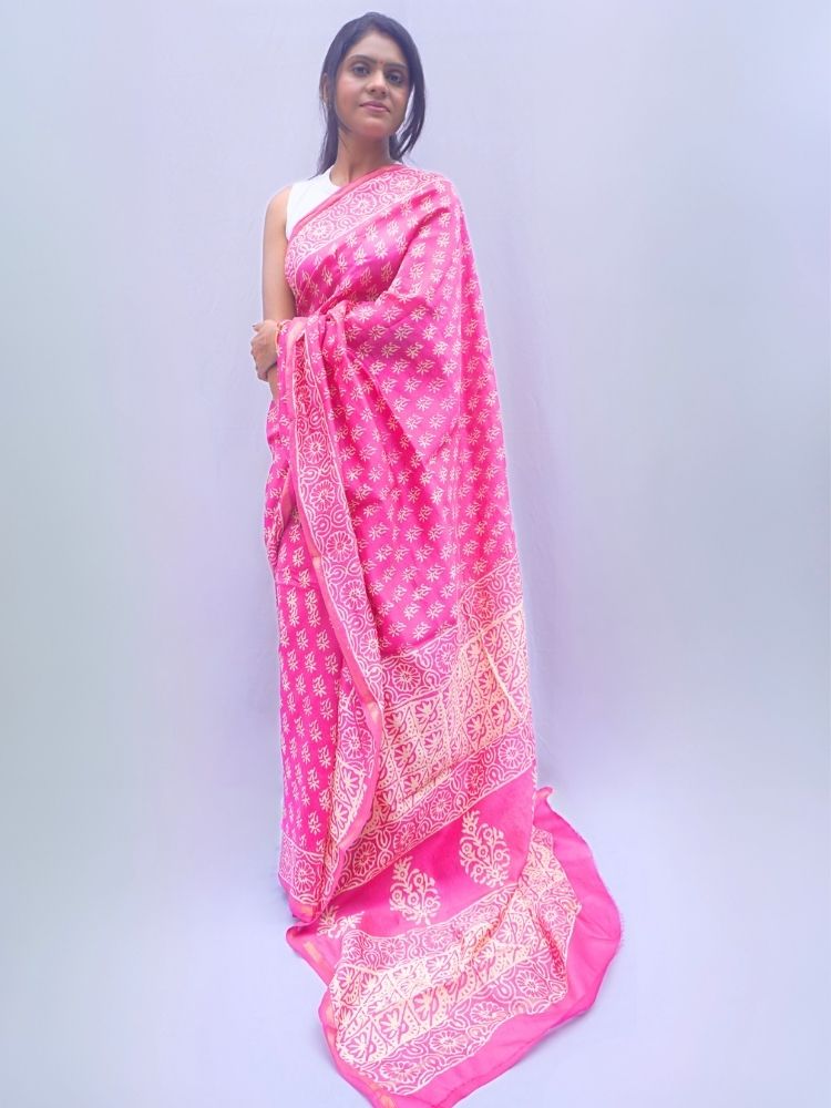 Blush Elegance – Pink Chanderi Silk Cotton Saree with Bagru Art