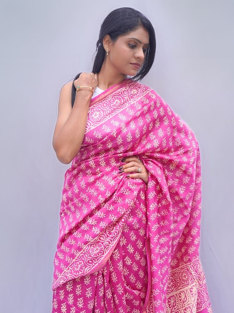 Blush Elegance – Pink Chanderi Silk Cotton Saree with Bagru Art