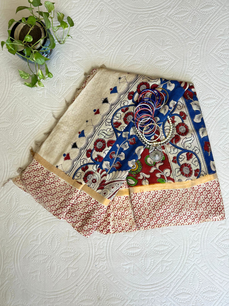 Kalamkari Silk Cotton Saree with Border – Maroon & Green