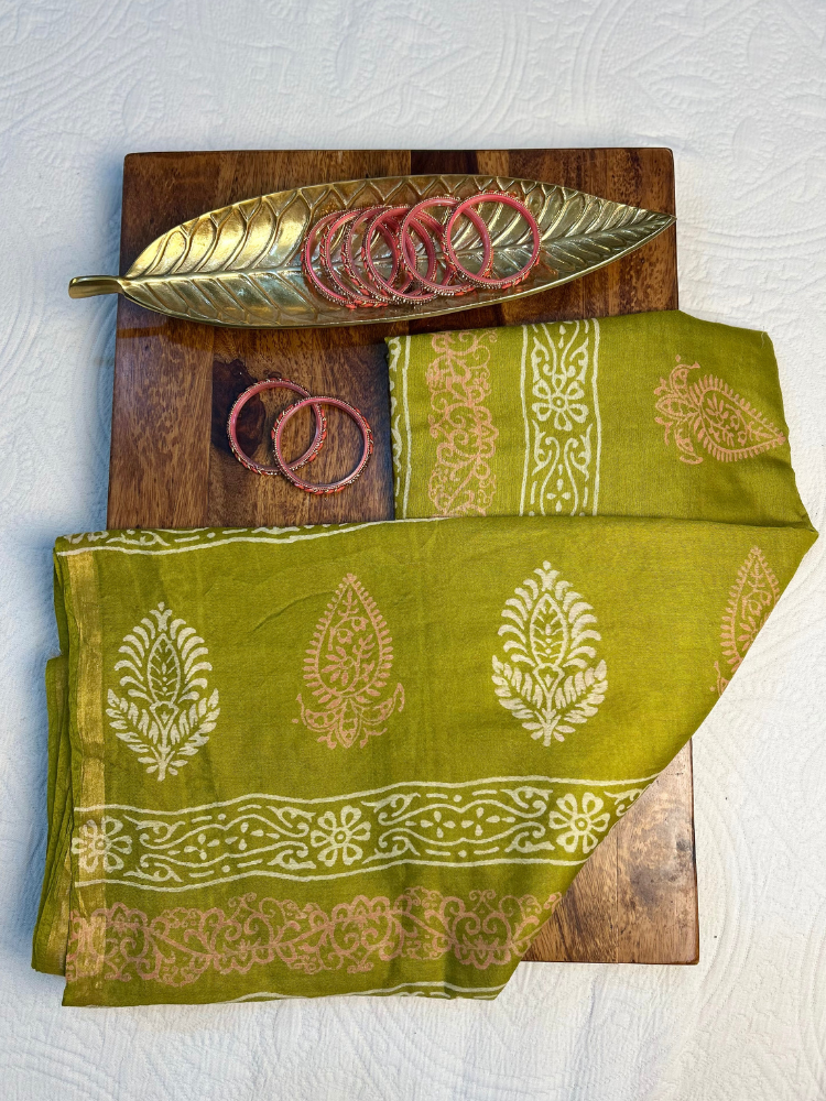 Bhagalpuri Silk Handblock Saree – Green