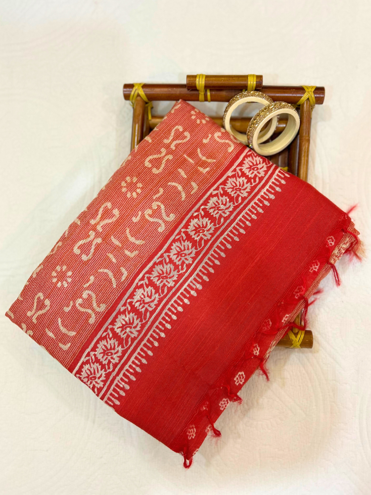 Bhagalpuri Silk Handblock Saree – Red