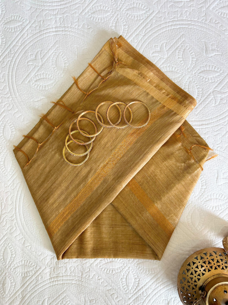 Elegant Silk Cotton Plain Saree with Golden Border – Gold-Bronze