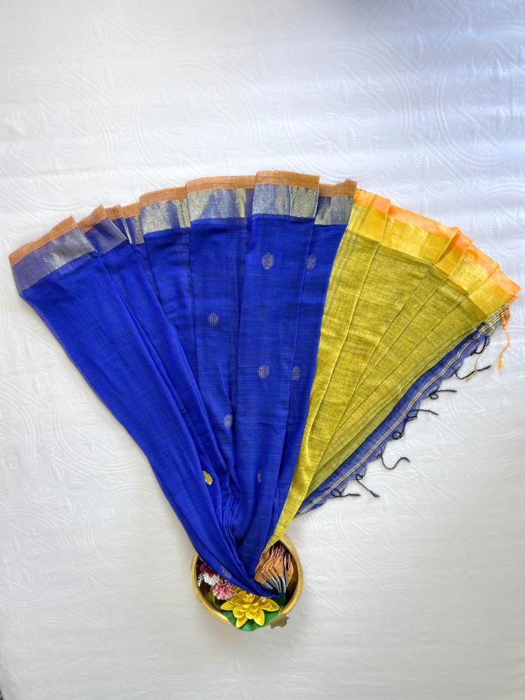 Pure Linen Handwoven Saree with Contrast – Blue