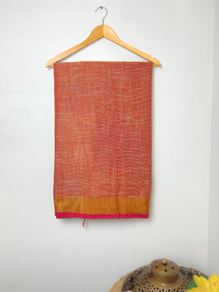 Pure Linen Handwoven Saree – Rust
