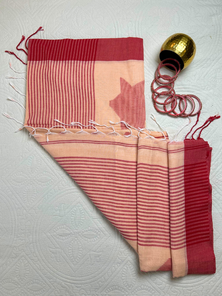 Peach Linen Cotton Saree with Temple Border