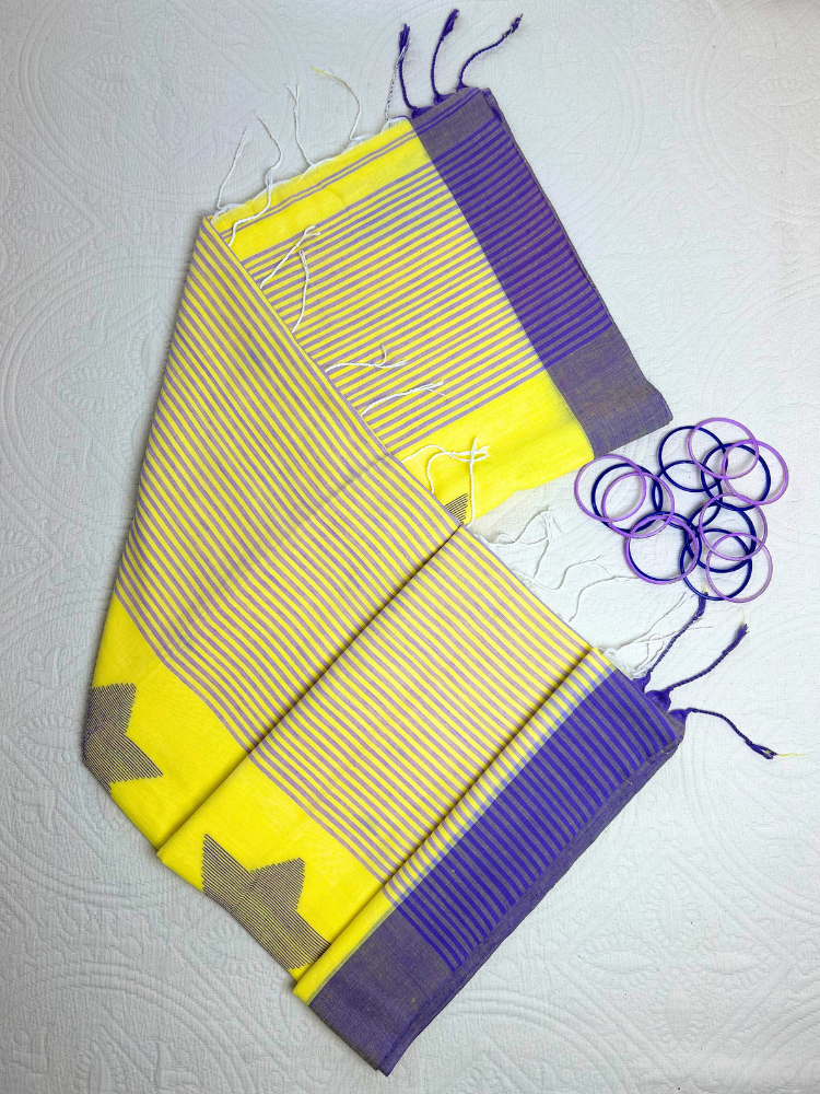 Lemon Yellow Linen Cotton Saree with Temple Border