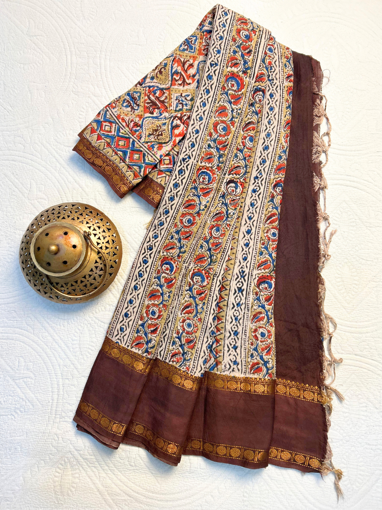 Kalamkari Silk Cotton Saree with Border – Brown