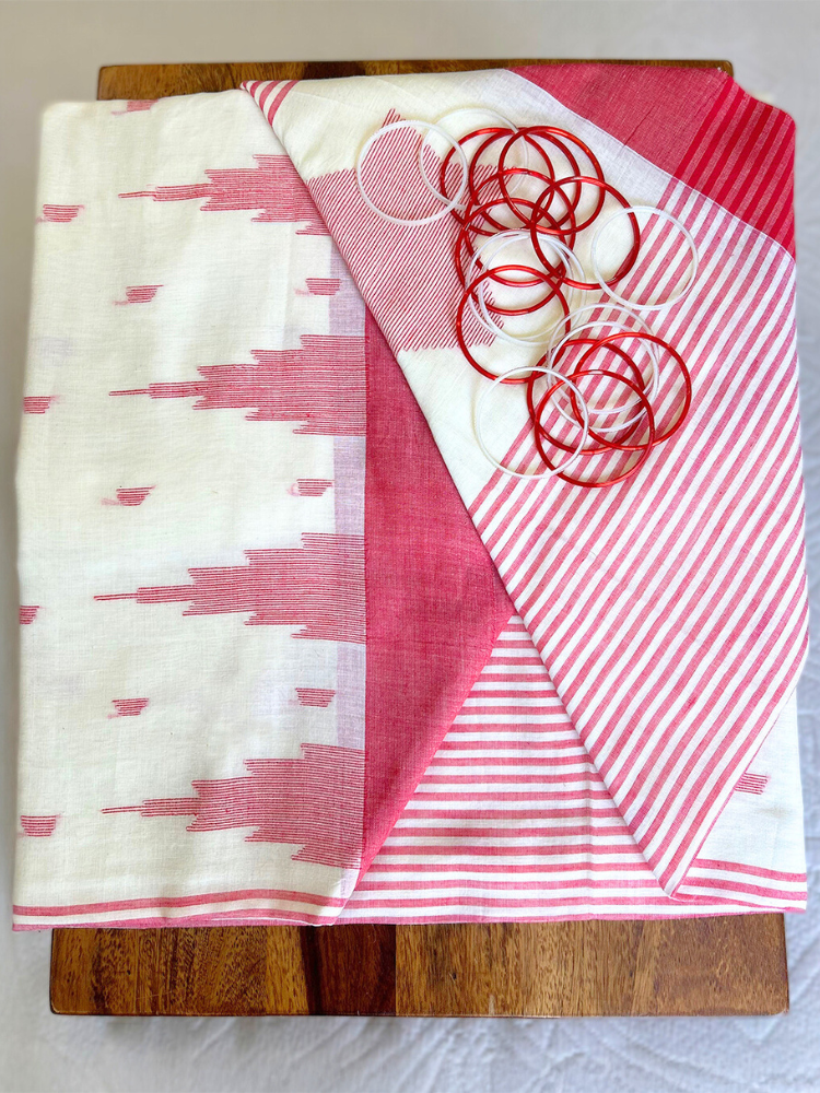 Linen Cotton Saree with Temple Border – Off-White & Red