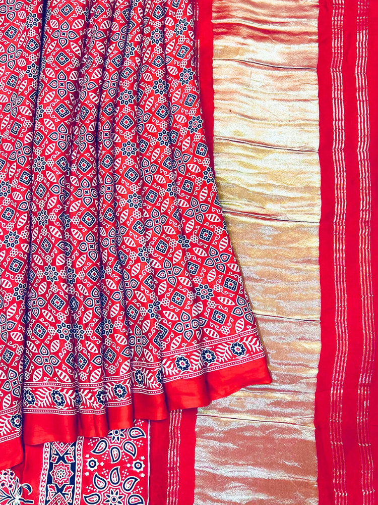 Modal Silk Ajrakh Printed Saree with Lagadi Pallu