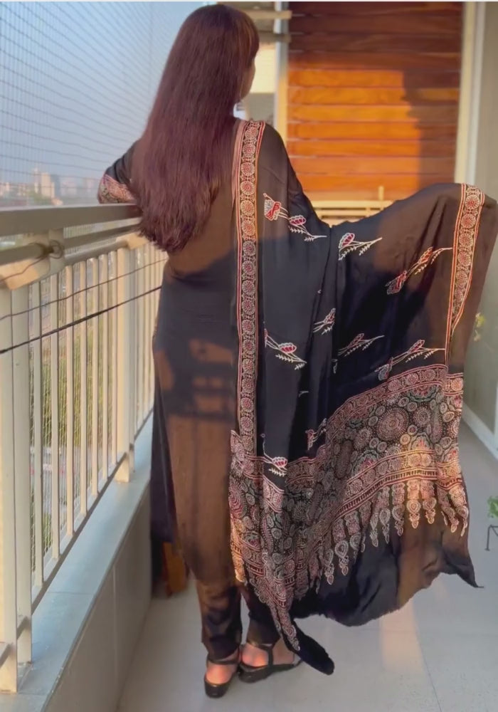 Black Modal Silk Ajrakh Hand Block Dupatta