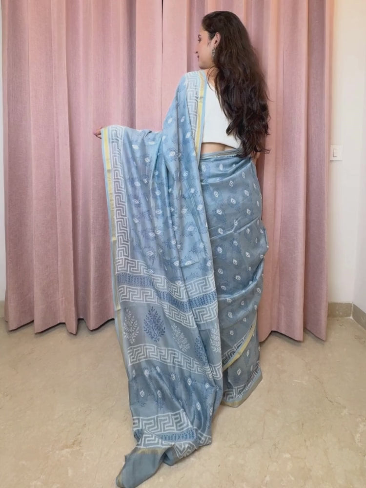Silver Bloom – Grey Chanderi Silk Saree with Floral Block Print